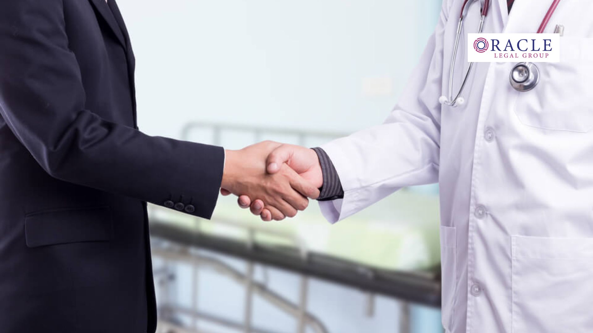 Close-up of a handshake between a business professional and a doctor in a hospital setting, symbolizing collaboration and legal partnership; Oracle Legal Group logo visible in the top right