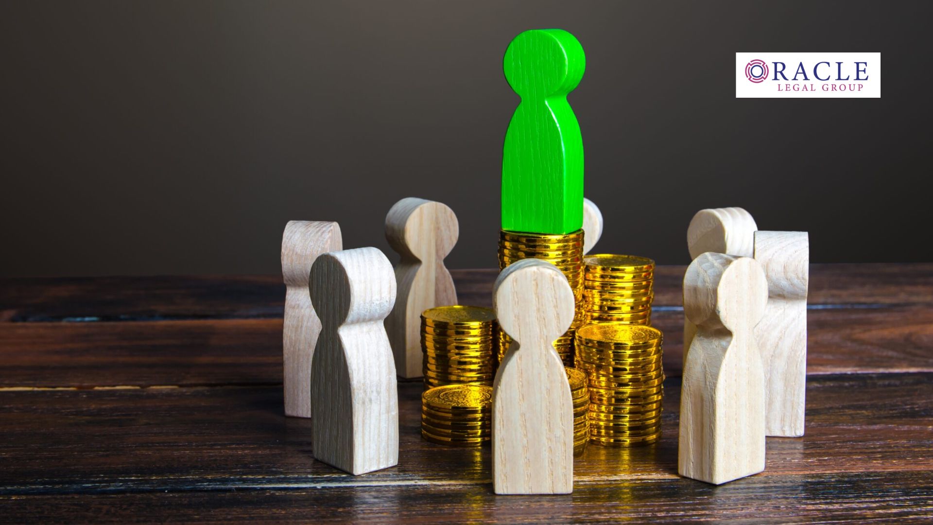 Wooden human figures surrounding stacks of gold coins, with one green figure elevated above the rest, symbolizing inequality or conflict in compensation and profit-sharing; Oracle Legal Group logo in the corner