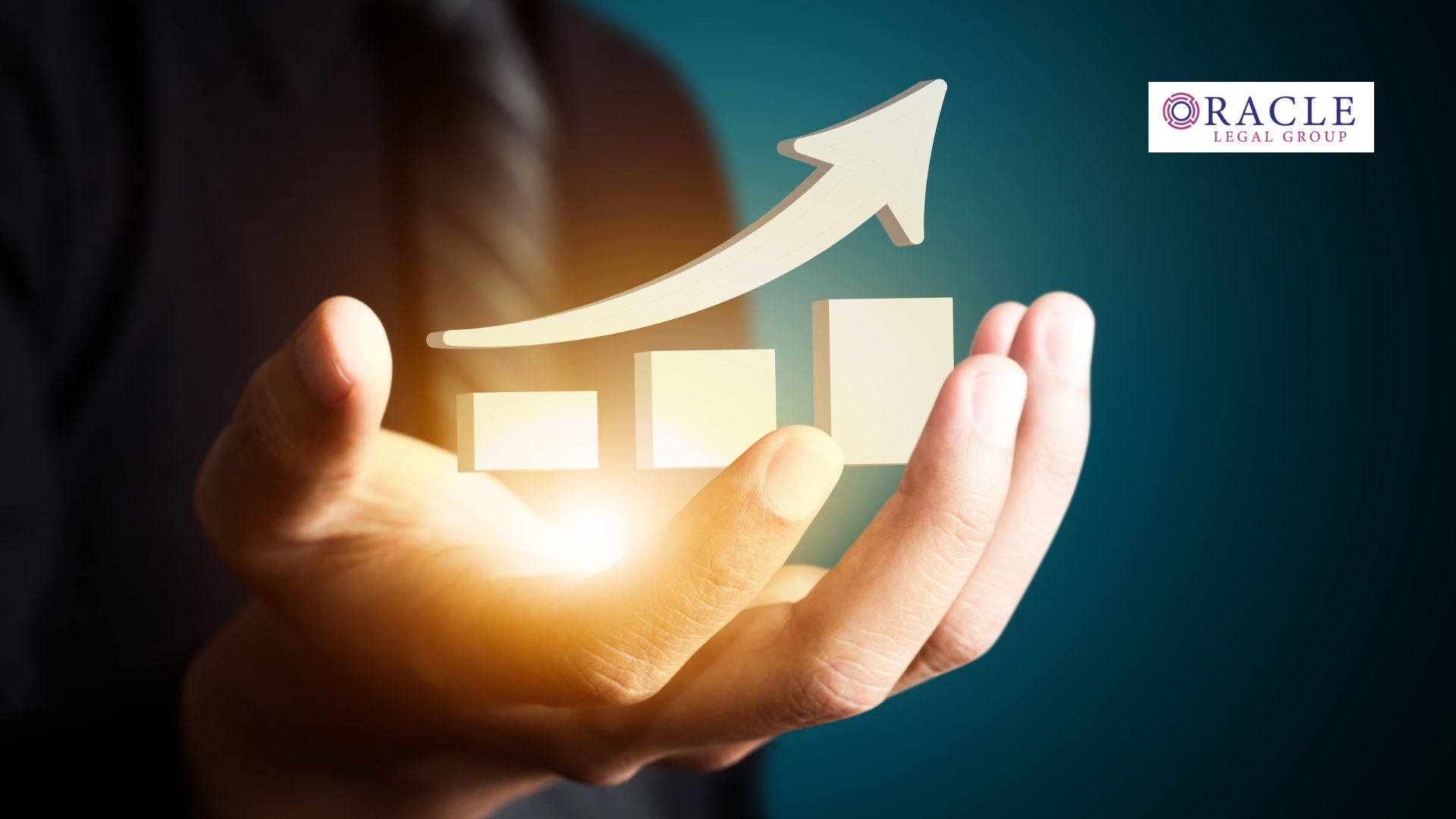 Hand holding a glowing upward-pointing bar chart symbolizing business growth and financial strategy; Oracle Legal Group logo in upper corner