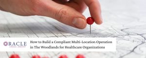 A hand placing a red pushpin on a map to mark a location; Oracle Legal Group logo appears in the corner