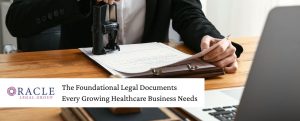 Person in formal attire stamping legal documents on a clipboard at a desk, symbolizing the importance of proper documentation for healthcare business operations; Oracle Legal Group logo displayed in the corner