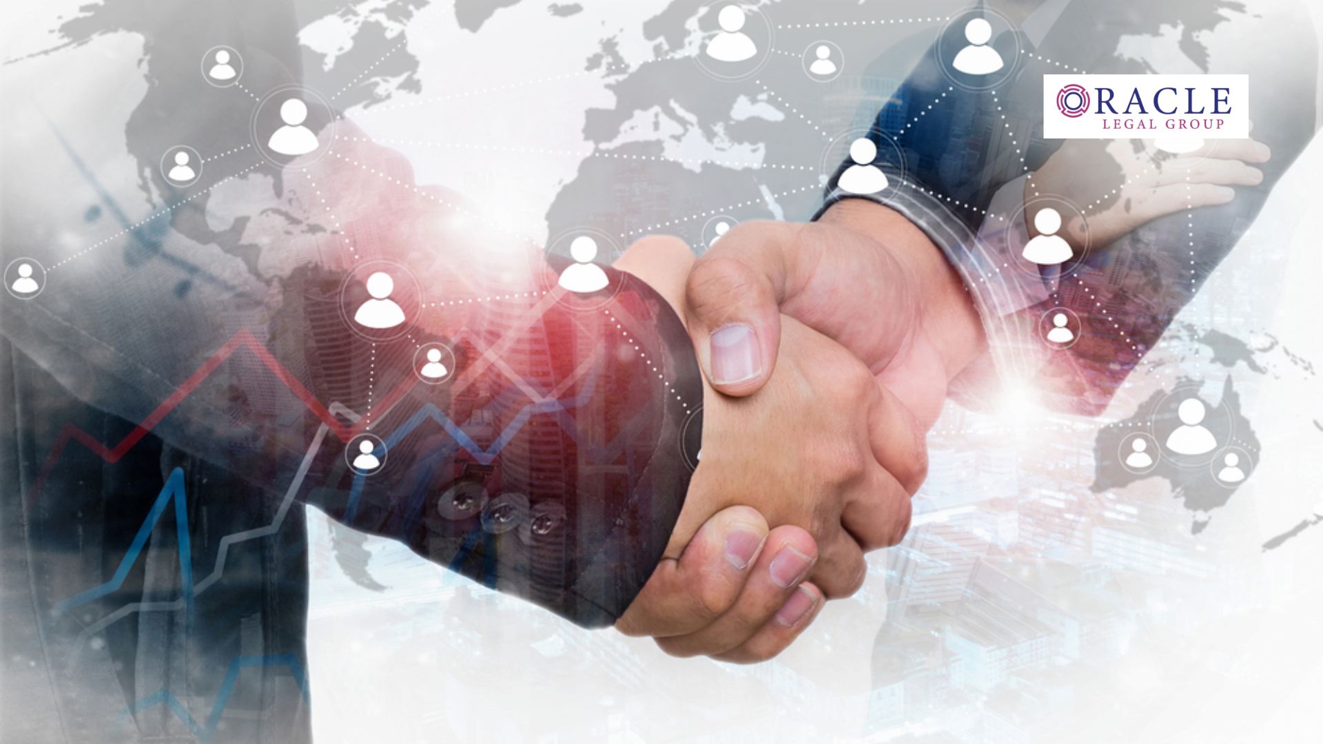 Two professionals shaking hands with a global network map and data graphics overlayed in the background, symbolizing strategic partnerships and international connectivity. Oracle Legal Group logo is visible in the upper right, representing trusted legal guidance in high-stakes business agreements.