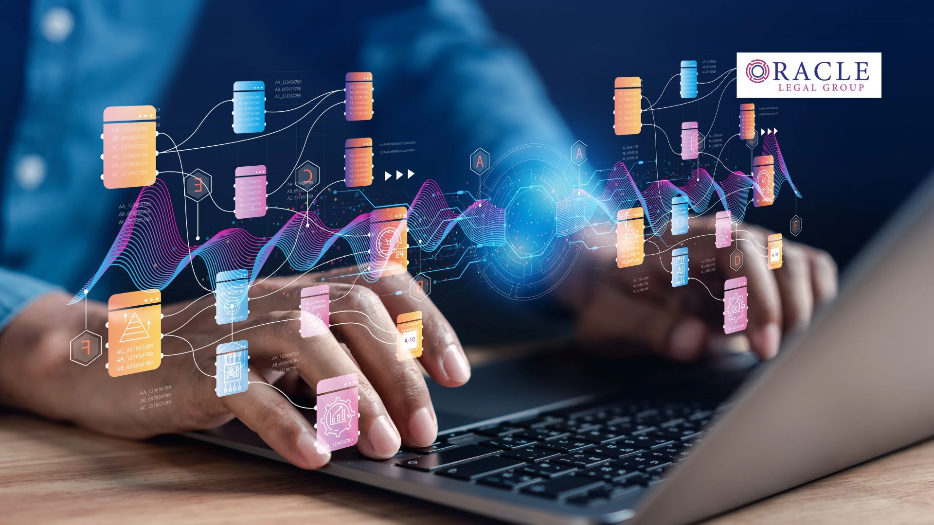Person typing on a laptop with colorful digital data flow graphics and icons hovering above the keyboard, representing data ownership and digital contract terms in tech or healthcare environments; Oracle Legal Group logo in the corner